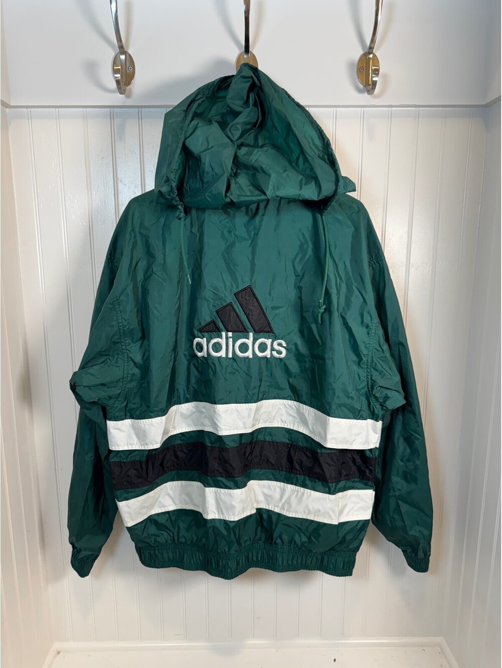 Vintage Adidas Back Patch Green Windbreaker Full Zip Jacket with Hood Size Large